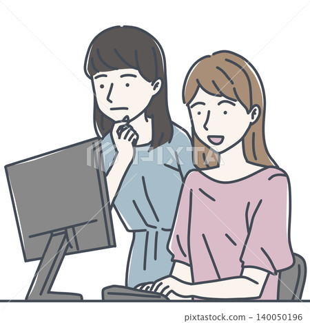 一幅插圖,描繪了兩位女性一邊工作一邊看著電腦螢幕討論事情。 一幅插圖,描繪了兩位女性一邊工作一邊看著電腦螢幕討論事情。 140050196