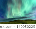 Vibrant green aurora borealis dances across a starry night sky over hills 140050225
