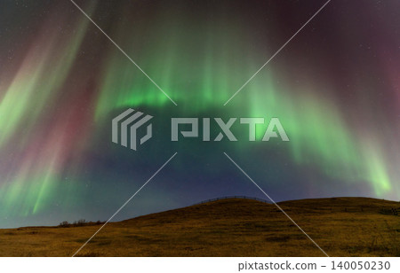 Vibrant green and pink aurora borealis dances across a starry night sky over a hill Vibrant green and pink aurora borealis dances across a starry night sky over a hill 140050230