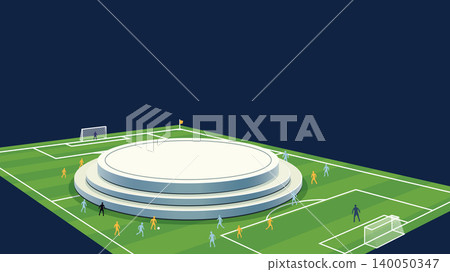 Blank round podium for placed product presentation at the middle of soccer field on blue background have blank space. Blank round podium for placed product presentation at the middle of soccer field on blue background have blank space. 140050347