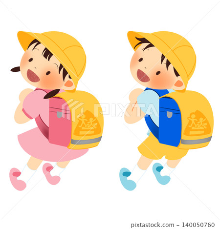 一幅插圖,描繪了一名一年級小學生戴著黃色帽子,背著書包套去上學的情景。 一幅插圖,描繪了一名一年級小學生戴著黃色帽子,背著書包套去上學的情景。 140050760