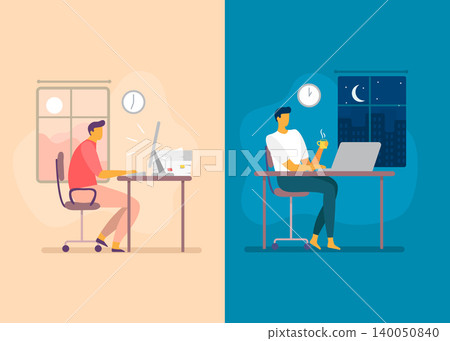 Man Working Day and Night at Desk Flat Stock Illustration Man Working Day and Night at Desk Flat Stock Illustration 140050840