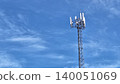 Real outdoor photograph of a cellular communication tower under blue sky with soft clouds and technology concept. 140051069