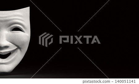 White Smiling Theater Mask in Darkness 3d render. White Smiling Theater Mask in Darkness 3d render. 140051141
