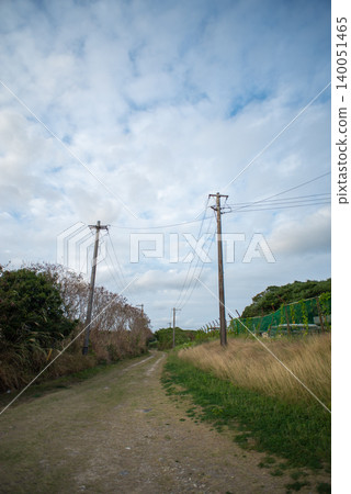 一條未鋪設路面、坑洞不平的鄉村道路，兩旁林立著廢棄的電線桿。 140051465