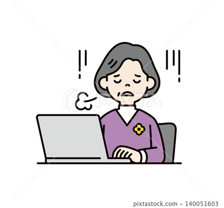 Vector illustration of the upper body of an elderly woman sighing in exhaustion while using a computer. Vector illustration of the upper body of an elderly woman sighing in exhaustion while using a computer. 140051603