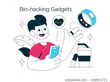 Bio Hacking Gadgets Vector Illustration Featuring Wearable Health Technology, Smart Wellness Devices, Fitness Tracker, and Digital Healthcare Design 140051721