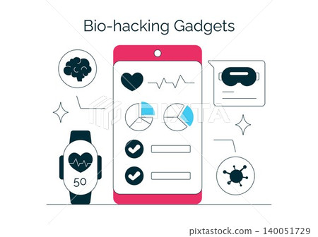 Bio Hacking Gadgets Vector Illustration Featuring Wearable Health Technology, Smart Wellness Devices, Fitness Tracker, and Digital Healthcare Design Bio Hacking Gadgets Vector Illustration Featuring Wearable Health Technology, Smart Wellness Devices, Fitness Tracker, and Digital Healthcare Design 140051729