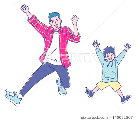 A father and son jumping energetically. A father and son jumping energetically. 140051807