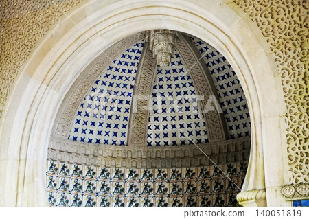 Beautiful neoMoorish arched alcove decorated with blue geometric tiles at Pena Palace in Sintra, Portugal Beautiful neoMoorish arched alcove decorated with blue geometric tiles at Pena Palace in Sintra, Portugal 140051819