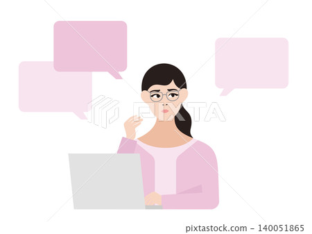Vector illustration of a woman looking troubled in front of a computer with a speech bubble. 140051865