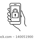 A hand holding a smartphone, a Line icon, and a key. 140051900