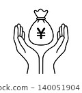 A line icon (￥) representing two hands protecting money. 140051904