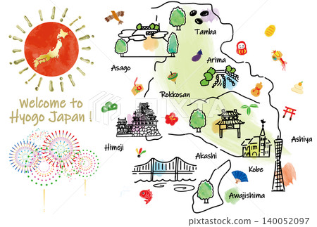 Hand-drawn simple line drawing illustration map of sightseeing spots in Hyogo prefecture Hand-drawn simple line drawing illustration map of sightseeing spots in Hyogo prefecture 140052097