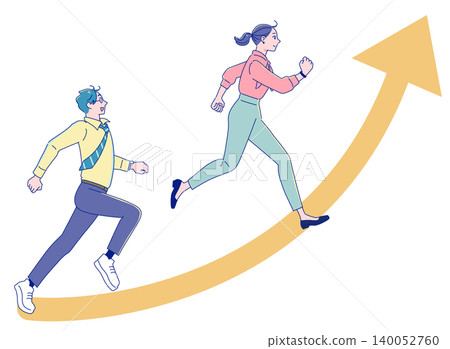 Young working men and women running with an upward-pointing arrow Young working men and women running with an upward-pointing arrow 140052760