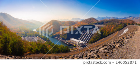 Panorama landscape view around of Srinakarin Dam the power station with large mountains and many trees at Kanchanaburi, Thailand. To generate electricity in the western region of the country 140052871