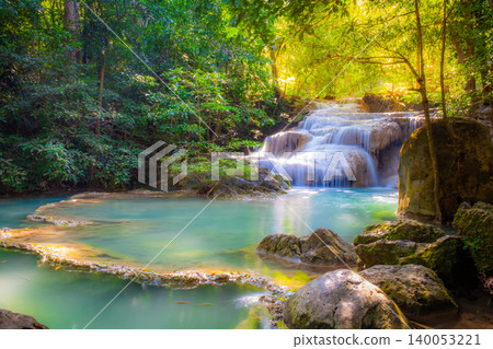 Landscape of Erawan waterfall in national park Is a waterfall in the deep forest with antimony fish at Kanchanaburi, Thailand. Landscape of Erawan waterfall in national park Is a waterfall in the deep forest with antimony fish at Kanchanaburi, Thailand. 140053221