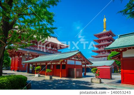 Sensoji Temple in morning, symbolized by large red lanterns and 5-story pagoda with light, are a popular destination. Sensoji Temple in morning, symbolized by large red lanterns and 5-story pagoda with light, are a popular destination. 140053243