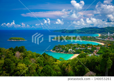 Beautiful turquoise ocean waves with boats and coastline from high view point. Kata and Karon beaches Phuket Thailand Beautiful turquoise ocean waves with boats and coastline from high view point. Kata and Karon beaches Phuket Thailand 140053261