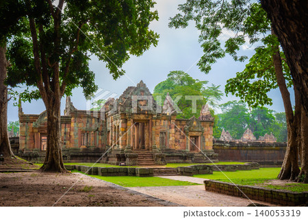 Fantastic archaeological site Prasat Muang Tam or Muang Tam castle near Prasat Phanomrung Historical Park at Buriram in Thailand. Fantastic archaeological site Prasat Muang Tam or Muang Tam castle near Prasat Phanomrung Historical Park at Buriram in Thailand. 140053319