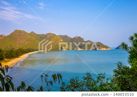 Panorama landscape of tropical island beach with mountain and blue sky background at Prachuap Khiri Khan Thailand. View point Panorama landscape of tropical island beach with mountain and blue sky background at Prachuap Khiri Khan Thailand. View point 140053510