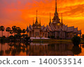 The beautiful golden buddhist temple with water reflect shadow in sunset time at Nakhon Ratchasima Thailand 140053514