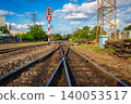 railway traffic light at an old transfer point with power lines and wooden tracks as a backdrop. 140053517