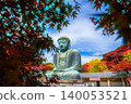 Daibutsu or Great Buddha of Kamakura in Kotokuin Temple at Kanagawa Prefecture Japan with leaves changing color It is an important landmark and a popular destination for tourists and pilgrims. 140053521