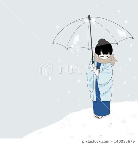 A woman in a kimono overlooking a snowy landscape; overhead view. A woman in a kimono overlooking a snowy landscape; overhead view. 140053679