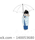 一位身穿和服的女子眺望著白雪皚皚的景色；俯視圖。 140053680