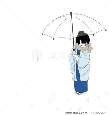 A woman in a kimono overlooking a snowy landscape; overhead view. A woman in a kimono overlooking a snowy landscape; overhead view. 140053680