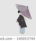 一位身穿和服的女子手持日本傘轉身；冬季景象。 140053744