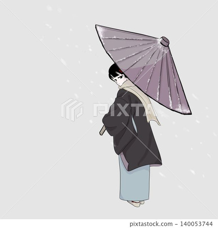 一位身穿和服的女子手持日本傘轉身;冬季景象。 一位身穿和服的女子手持日本傘轉身;冬季景象。 140053744