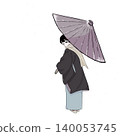 一位身穿和服的女子手持日本傘轉身；冬季景象。 140053745