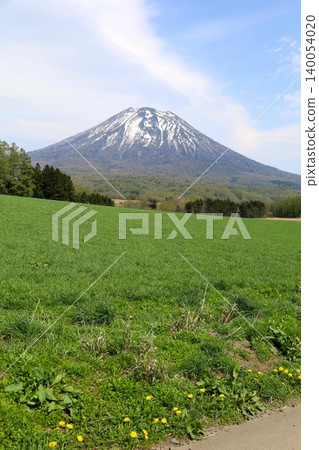 May in Hokkaido: Niseko, Kutchan, Ezo Fuji, Mount Yotei, Mount Yotei with lingering snow, the majestic mountain of Hokkaido, shining brightly against the blue sky. 140054020