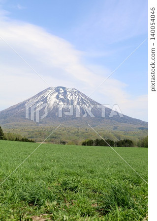 五月的北海道:二世古、俱知安、蝦夷富士山、羊蹄山,羊蹄山上仍殘留著積雪,雄偉的北海道山峰在藍天的映襯下閃閃發光。 五月的北海道:二世古、俱知安、蝦夷富士山、羊蹄山,羊蹄山上仍殘留著積雪,雄偉的北海道山峰在藍天的映襯下閃閃發光。 140054046