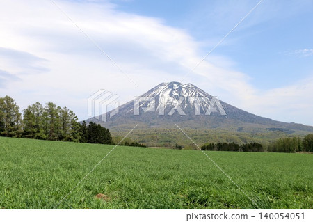 五月的北海道:二世古、俱知安、蝦夷富士山、羊蹄山,羊蹄山上仍殘留著積雪,雄偉的北海道山峰在藍天的映襯下閃閃發光。 五月的北海道:二世古、俱知安、蝦夷富士山、羊蹄山,羊蹄山上仍殘留著積雪,雄偉的北海道山峰在藍天的映襯下閃閃發光。 140054051
