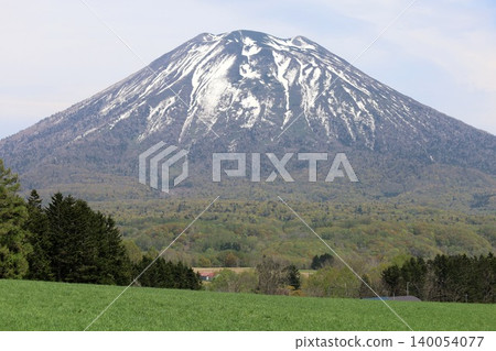 五月的北海道:二世古、俱知安、蝦夷富士山、羊蹄山,羊蹄山上仍殘留著積雪,雄偉的北海道山峰在藍天的映襯下閃閃發光。 五月的北海道:二世古、俱知安、蝦夷富士山、羊蹄山,羊蹄山上仍殘留著積雪,雄偉的北海道山峰在藍天的映襯下閃閃發光。 140054077