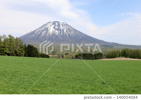 五月的北海道:二世古、俱知安、蝦夷富士山、羊蹄山,羊蹄山上仍殘留著積雪,雄偉的北海道山峰在藍天的映襯下閃閃發光。 五月的北海道:二世古、俱知安、蝦夷富士山、羊蹄山,羊蹄山上仍殘留著積雪,雄偉的北海道山峰在藍天的映襯下閃閃發光。 140054084