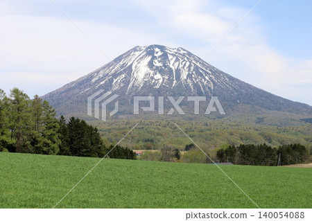 五月的北海道:二世古、俱知安、蝦夷富士山、羊蹄山,羊蹄山上仍殘留著積雪,雄偉的北海道山峰在藍天的映襯下閃閃發光。 五月的北海道:二世古、俱知安、蝦夷富士山、羊蹄山,羊蹄山上仍殘留著積雪,雄偉的北海道山峰在藍天的映襯下閃閃發光。 140054088