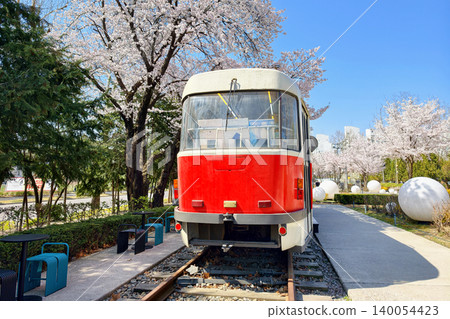 Antique red train b cherry blossom, Hwarangdae Railway Park, Seoul Antique red train b cherry blossom, Hwarangdae Railway Park, Seoul 140054423