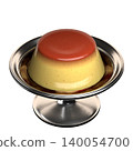 Plain caramel pudding served in a silver dessert cup with a base, viewed from a diagonal angle (3D rendering). 140054700