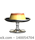 Plain caramel pudding served in a silver, footed dessert cup. Front view, 3D rendering. 140054704