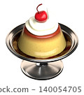 A 3D rendering of a pudding with cream and a cherry, served in a silver dessert cup with a base. 140054705