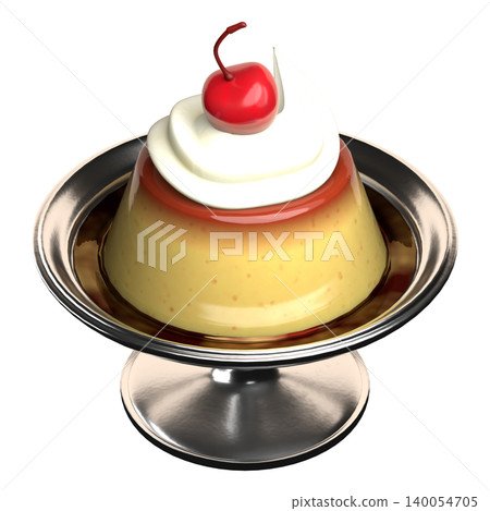 A 3D rendering of a pudding with cream and a cherry, served in a silver dessert cup with a base. A 3D rendering of a pudding with cream and a cherry, served in a silver dessert cup with a base. 140054705