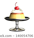 A pudding with cream and a cherry, served in a silver dessert cup with a base. Front view, 3D rendering. 140054706