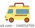 一輛救護車形狀的急救箱插圖。 140054709