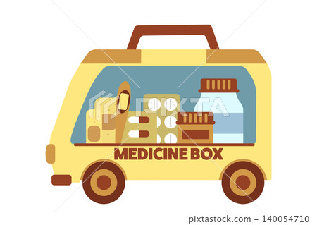 一張救護車形狀的急救箱插圖,可以看到裡面的物品。 一張救護車形狀的急救箱插圖,可以看到裡面的物品。 140054710