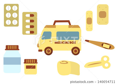 一組插圖，描繪了一個玩具救護車形狀的急救箱和醫療用品。 140054711