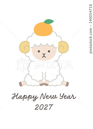 2027羊年新年賀卡模板。以綿羊、可愛設計、橙子、幸運符、向量圖形和綿羊為特色。 2027羊年新年賀卡模板。以綿羊、可愛設計、橙子、幸運符、向量圖形和綿羊為特色。 140054718